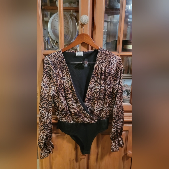 Peach Love California Tops - Leopard silky bodysuit! NWOT! Size large